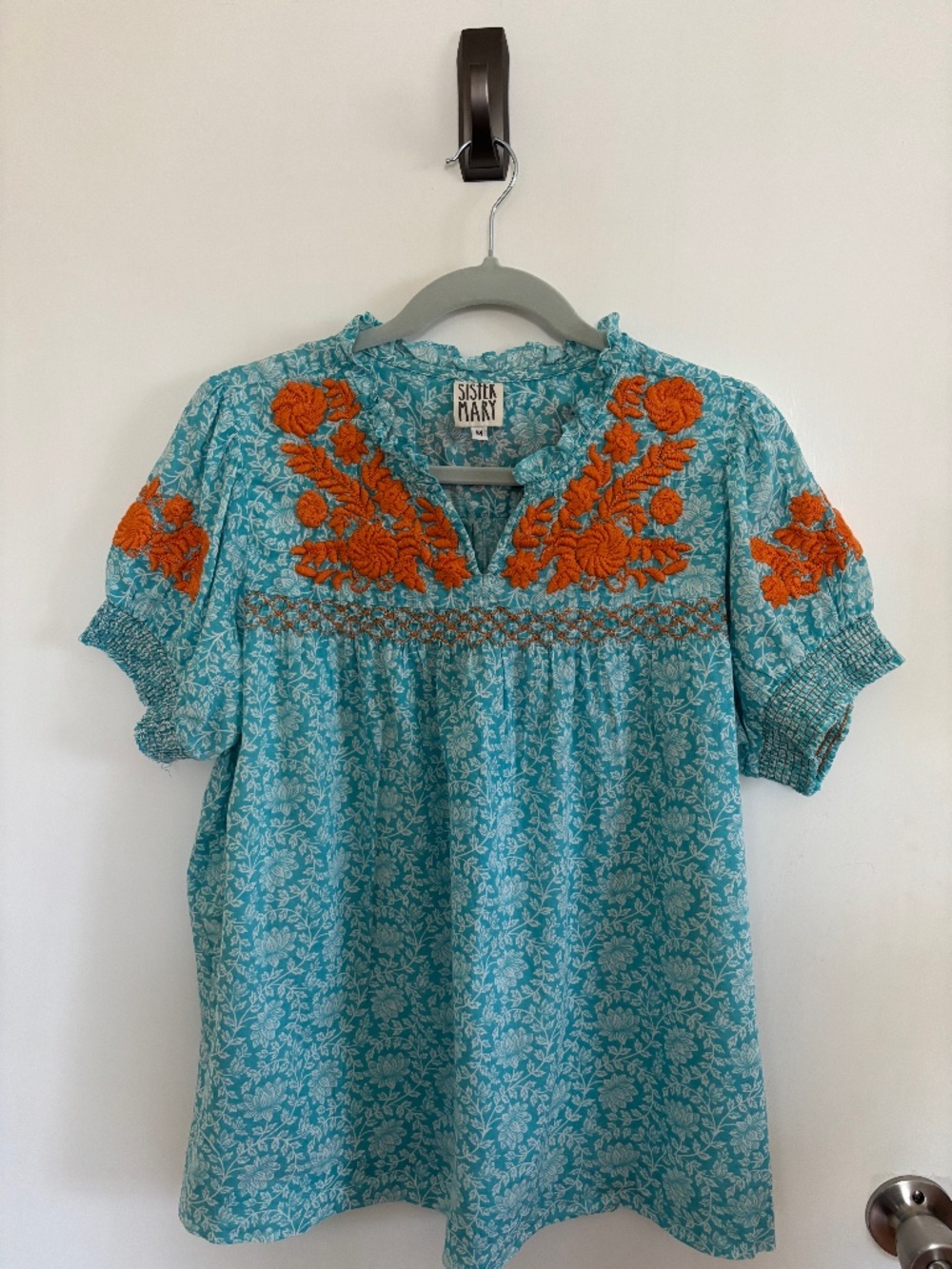 Sister Mary Cotton Embroidered Turquoise Blouse, Size Medium